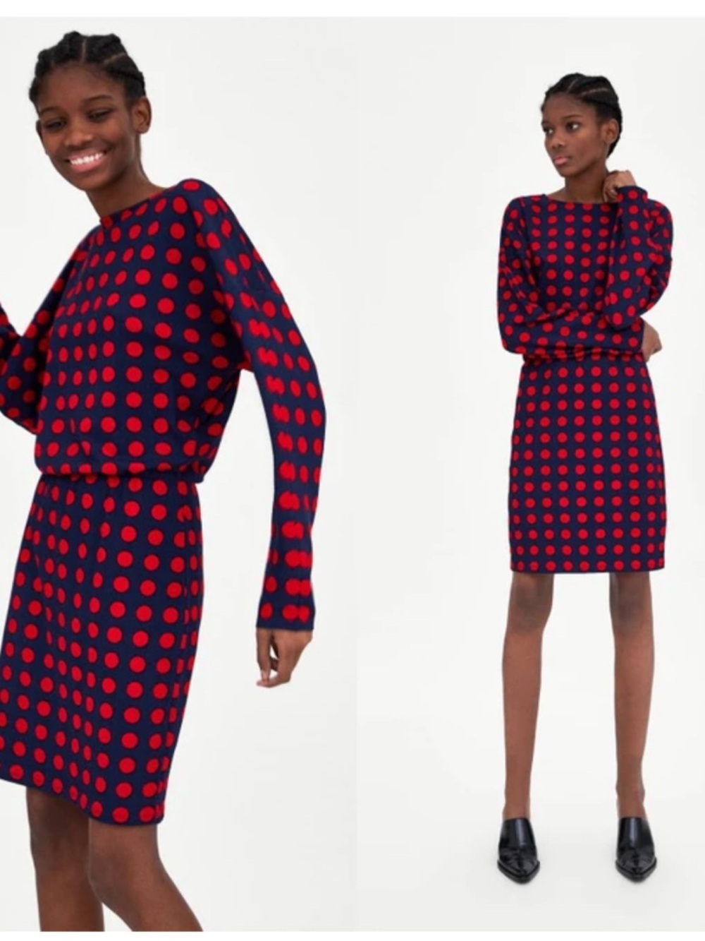 Zara fun Polka Dot Knit Sheath Dress Red Navy size medium retro mod